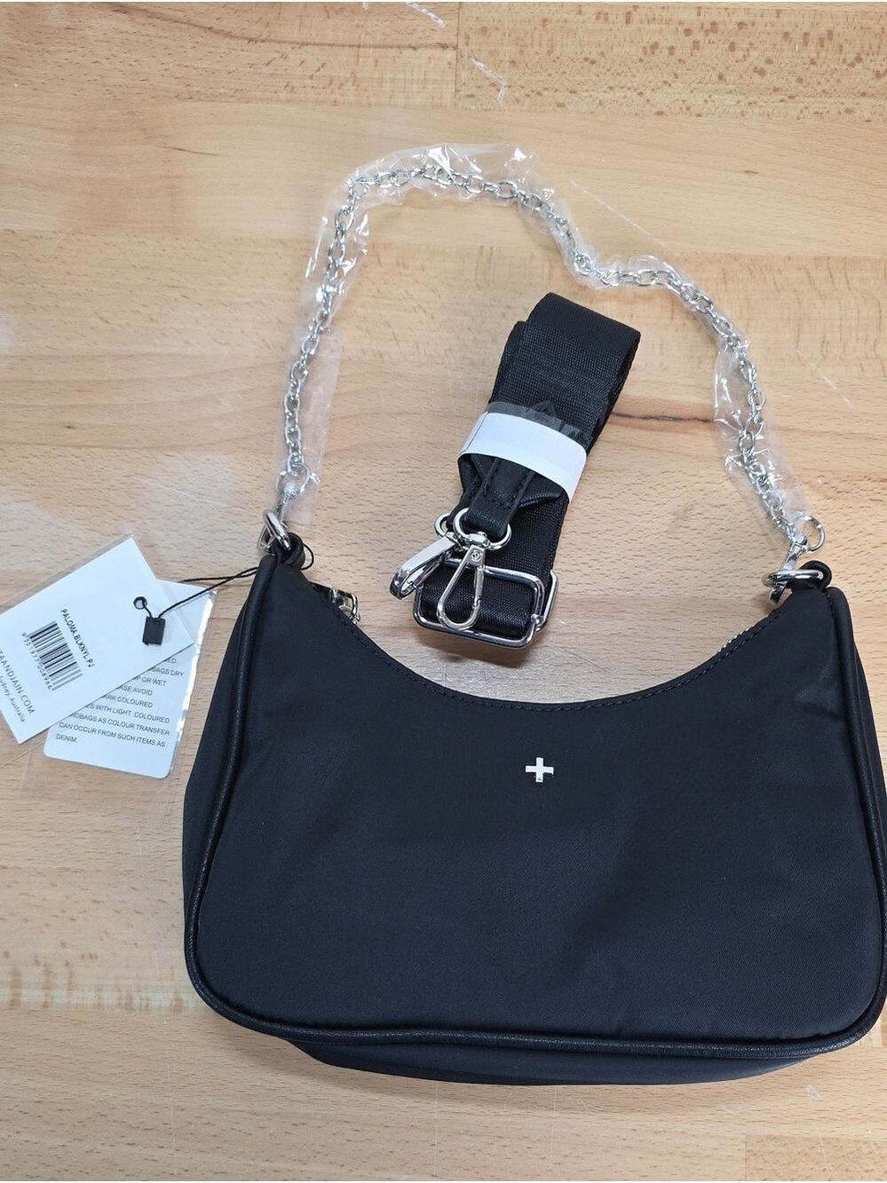 Peta + Jain Sleek Black Shoulder Bag with Silver Chain Strap New